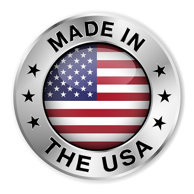 Made in The USA silver badge and icon with central glossy United States Of America flag symbol and stars. Vector EPS10 illustration isolated on white background.